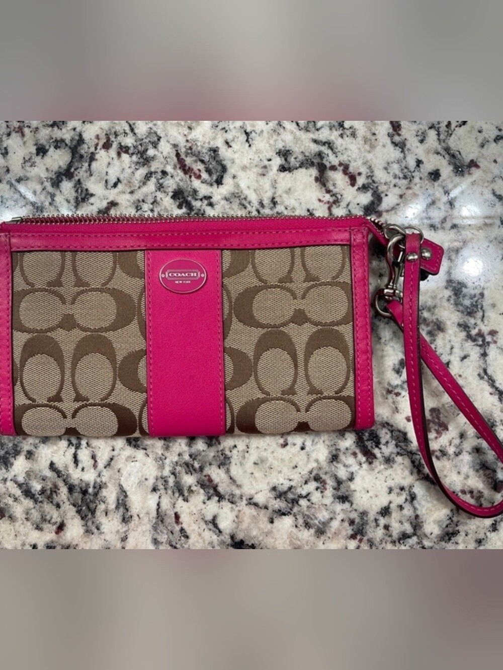 Coach Pink Leather Trim Signature Canvas Wristlet